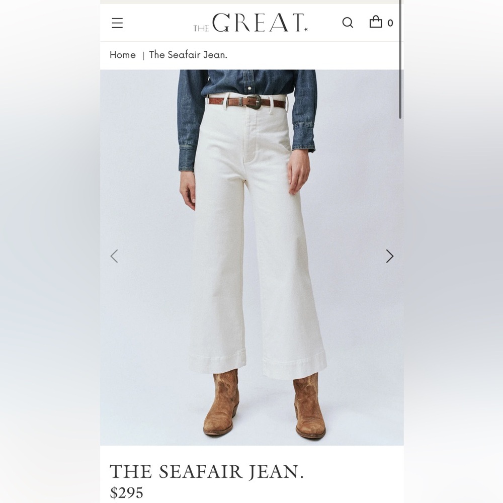 The Great Seafair off-white wide leg jeans, size 30